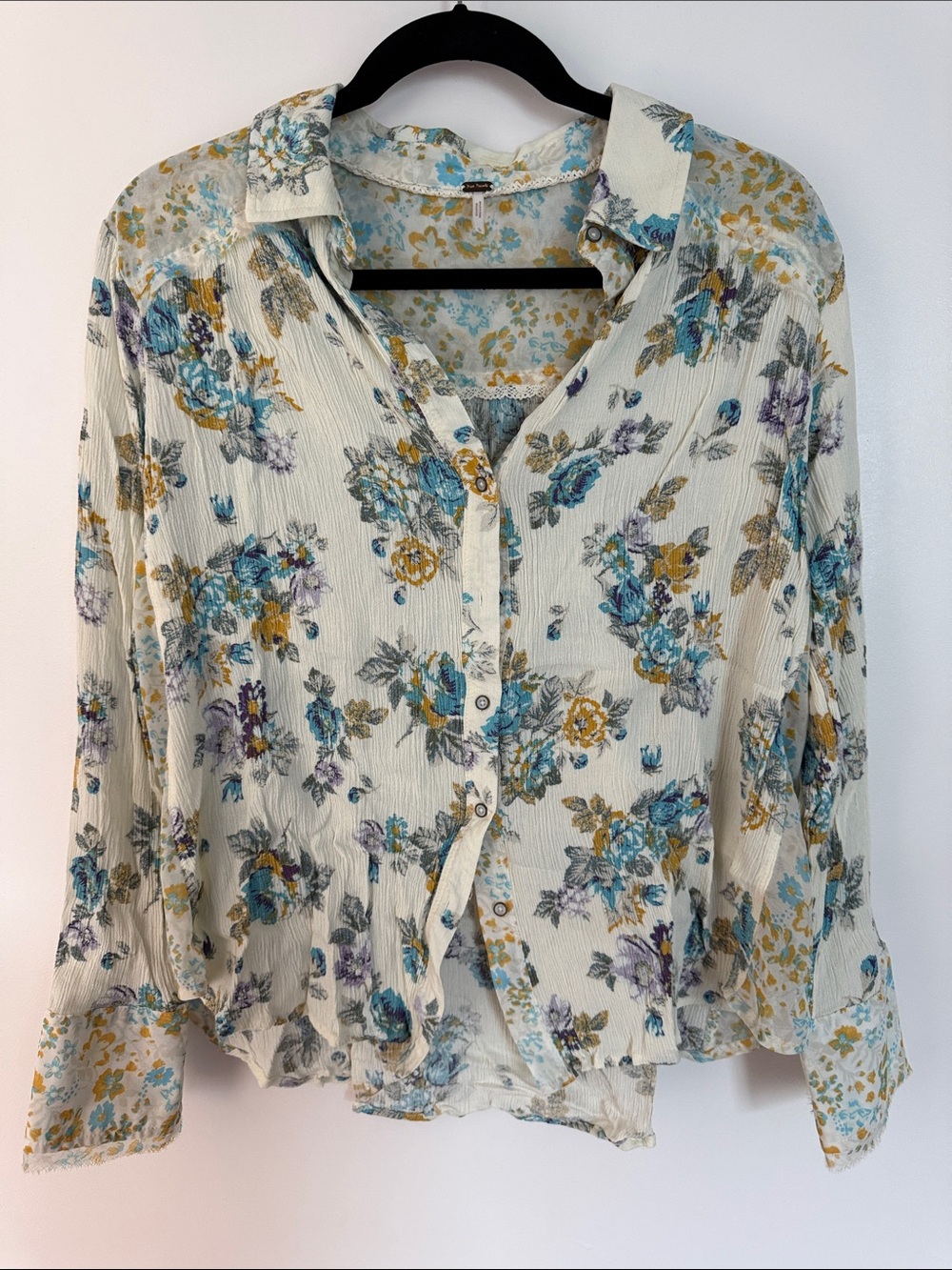 Free People Cream Floral Button-Up Blouse with Teal & Mustard Accents